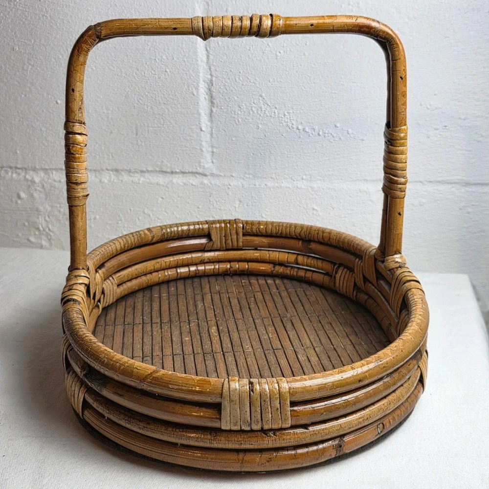 Vintage Bentwood Rattan Oval Basket Tray with Handle Brown Wood Base